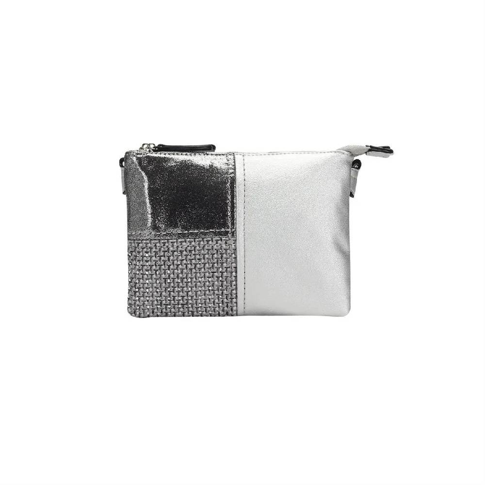 DAMEN 2xFach ABEND TASCHE CLUTCH POCHETTE Unterarmtasche Handtasche Schultertasche Umhängetasche Leder Optik Silbern
