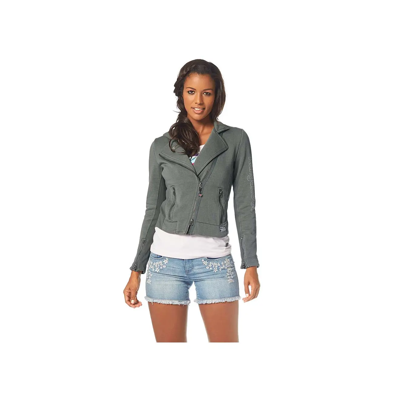 Damen Bikerjacke KangaROOS lässige sportliche Jacke Biker Style Sweatjacke FRÜHLING SOMMER Jacket Kurz Fashion Khaki Damen Bikerjacke KangaROOS lässige sportliche Jacke Biker Style Sweatjacke FRÜHLING SOMMER Jacket Kurz Fashion Khaki