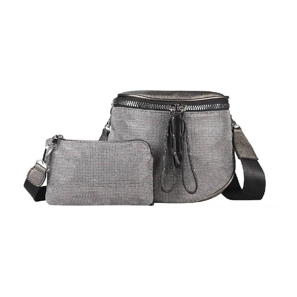 DAMEN TASCHEN SET 2in1 Schultertasche + Schmucktasche Strasssteine Umhängetasche Crossbody Crossover Leder Optik Handtasche Metallic Shopper