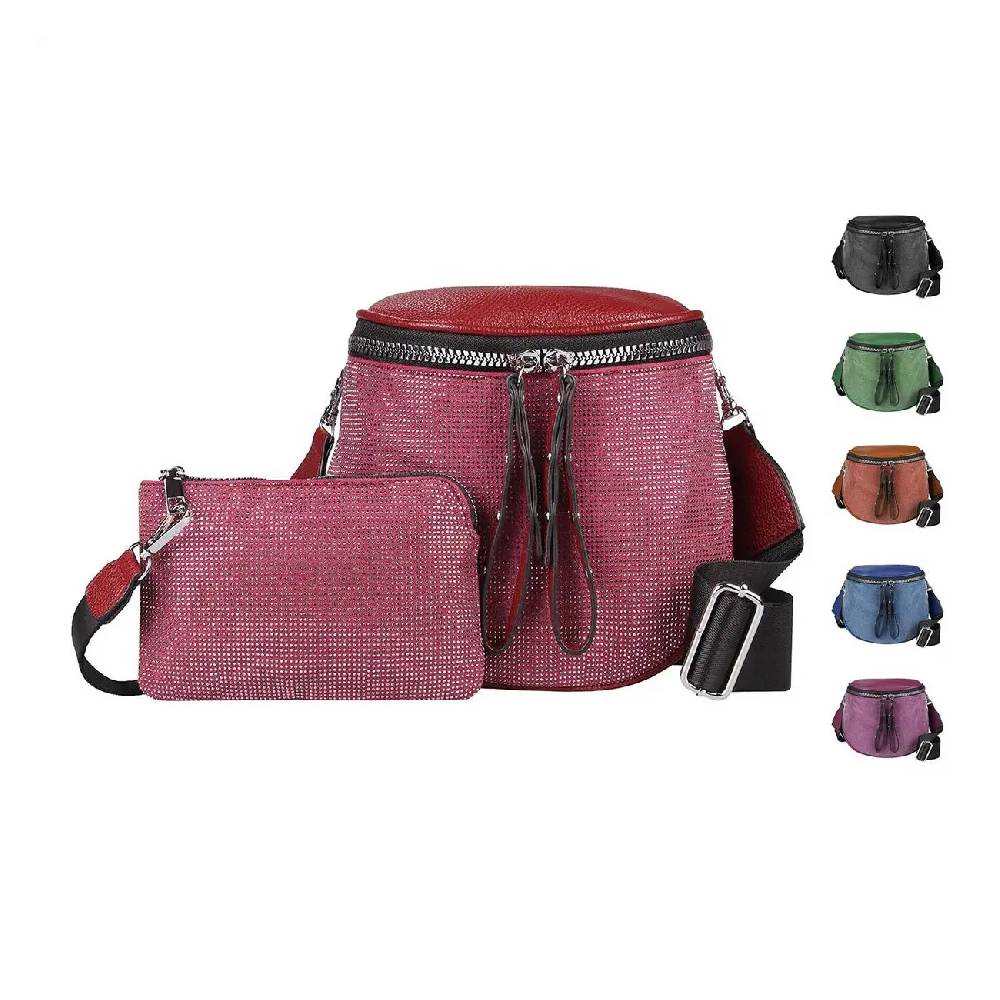 DAMEN TASCHEN SET 2in1 Schultertasche + Schmucktasche Strasssteine Umhängetasche Crossbody Crossover Leder Optik Handtasche Metallic Shopper