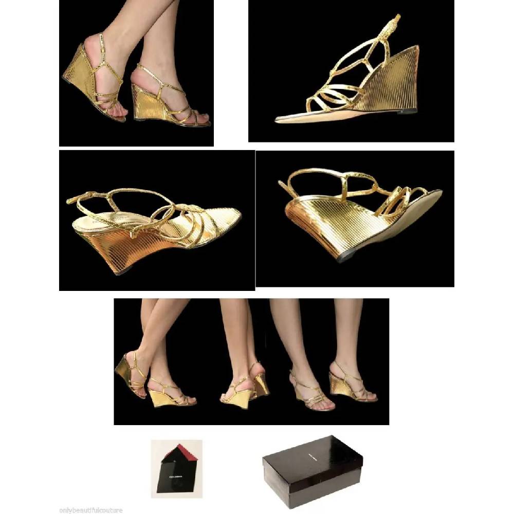 Dolce & Gabbana D&G HIGH HEELS Keil Sandalette Wedges Lederschuhe Schuhe Gold