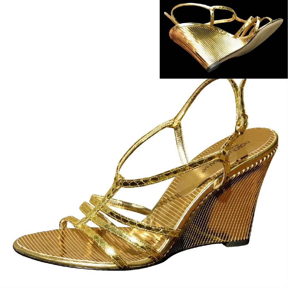 Dolce & Gabbana D&G HIGH HEELS Keil Sandalette Wedges Lederschuhe Schuhe Gold