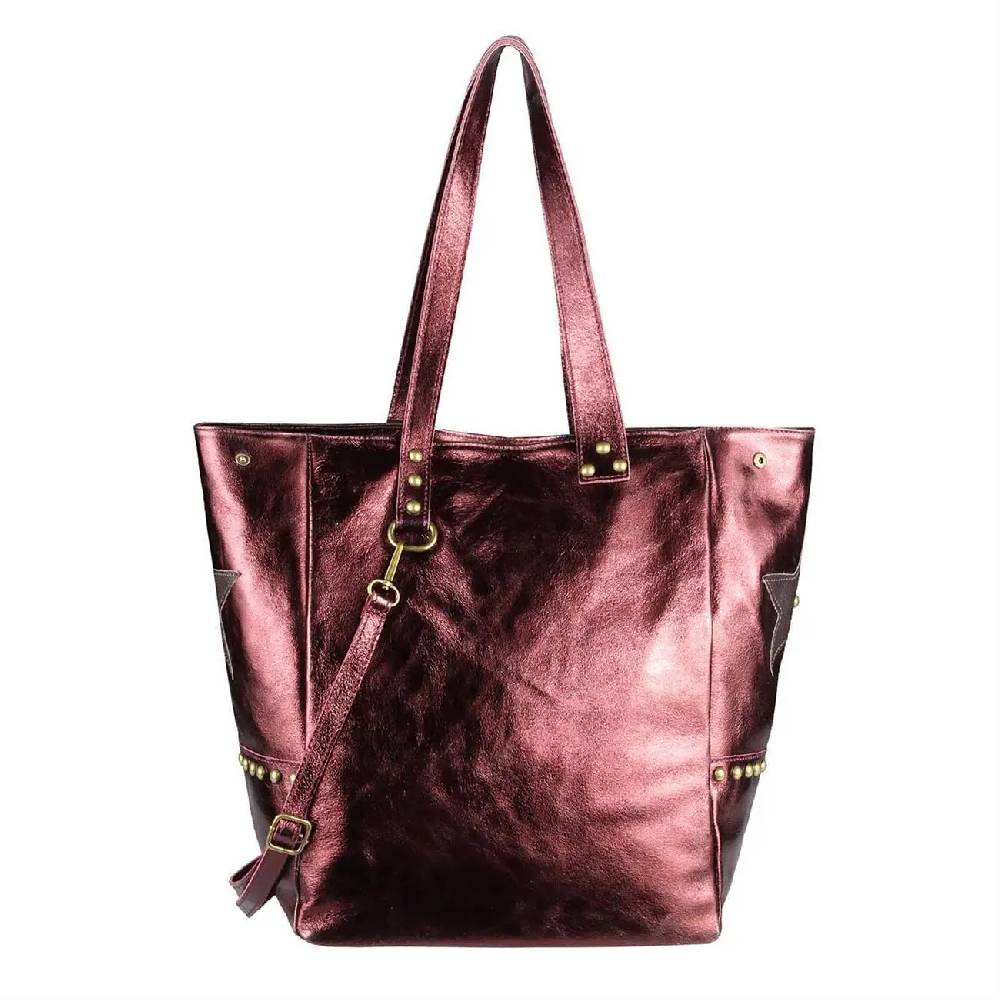 ITAL DAMEN Echt LEDER TASCHE Tote Bag Metallic Schultertasche DIN-A4 Shopper Handtasche Umhängetasche Crossbody Henkeltasche Beuteltasche Stern Nieten