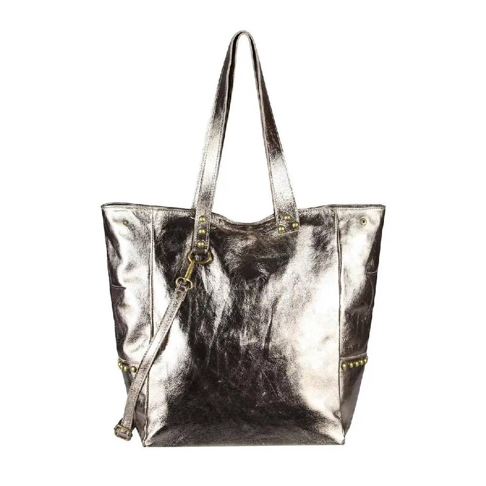 ITAL DAMEN Echt LEDER TASCHE Tote Bag Metallic Schultertasche DIN-A4 Shopper Handtasche Umhängetasche Crossbody Henkeltasche Beuteltasche Stern Nieten
