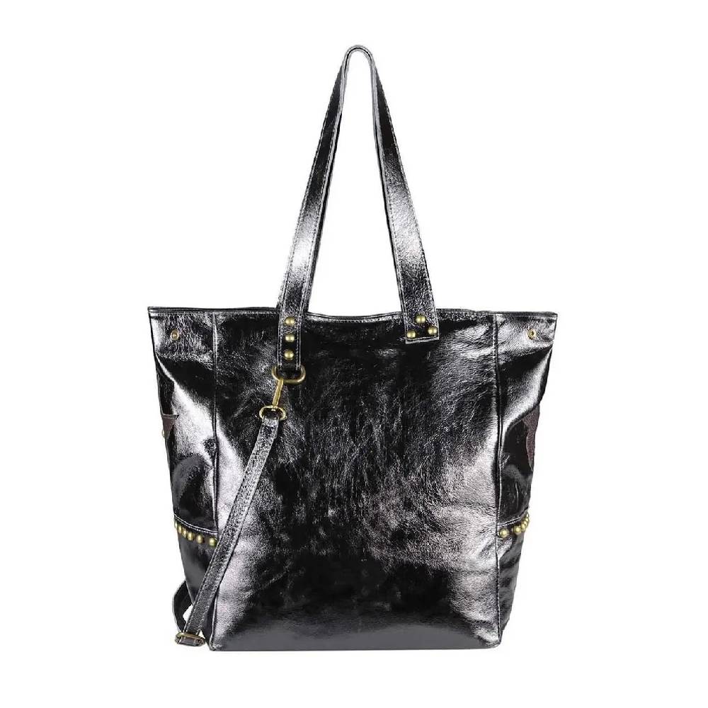 ITAL DAMEN Echt LEDER TASCHE Tote Bag Metallic Schultertasche DIN-A4 Shopper Handtasche Umhängetasche Crossbody Henkeltasche Beuteltasche Stern Nieten