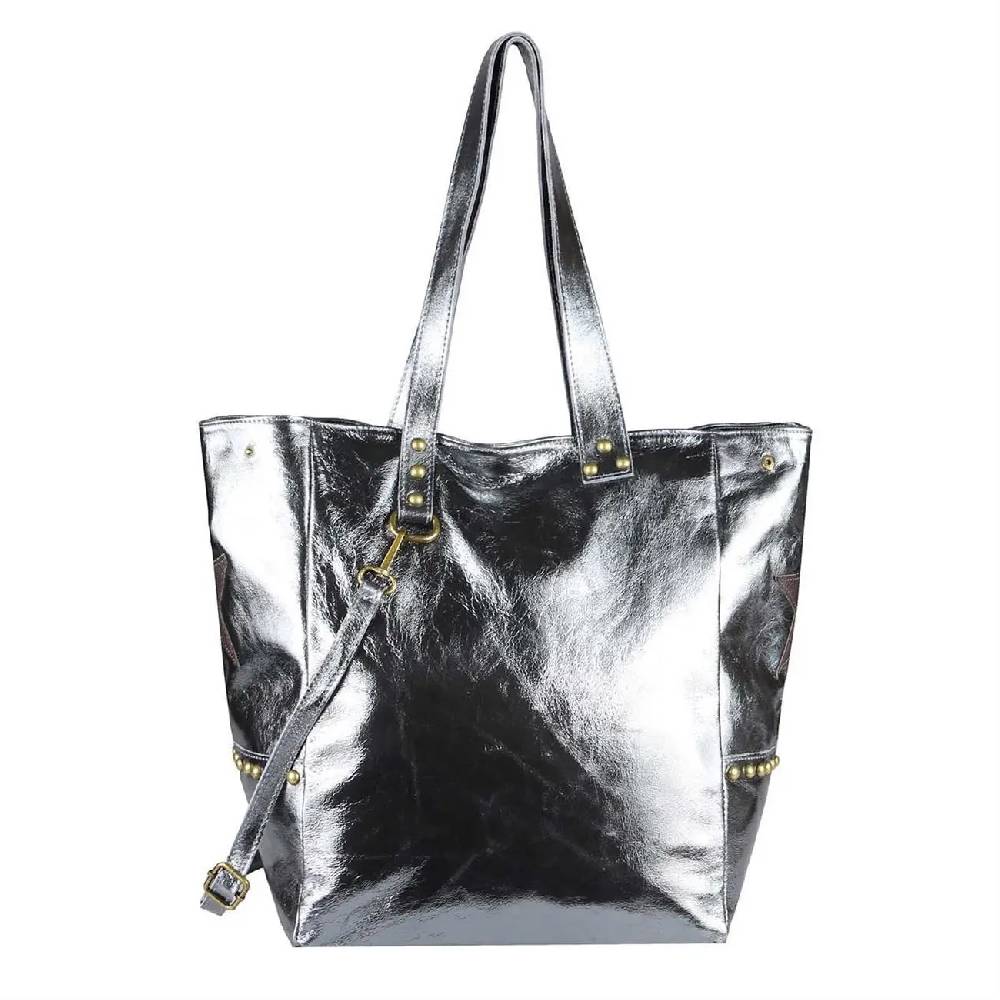 ITAL DAMEN Echt LEDER TASCHE Tote Bag Metallic Schultertasche DIN-A4 Shopper Handtasche Umhängetasche Crossbody Henkeltasche Beuteltasche Stern Nieten