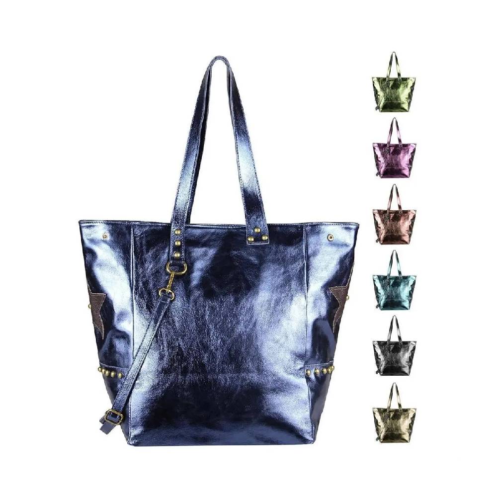 ITAL DAMEN Echt LEDER TASCHE Tote Bag Metallic Schultertasche DIN-A4 Shopper Handtasche Umhängetasche Crossbody Henkeltasche Beuteltasche Stern Nieten ITAL DAMEN Echt LEDER TASCHE Tote Bag Metallic Schultertasche DIN-A4 Shopper Handtasche Umhängetasche Crossbody Henkeltasche Beuteltasche Stern Nieten