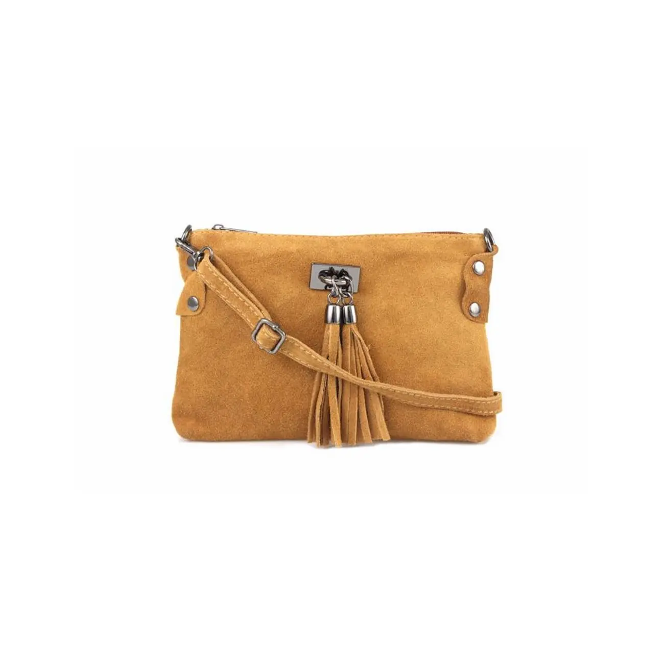 Made In Italy DAMEN LEDER Clutch TASCHE Wildleder Handtasche Umhängetasche Ledertasche Schultertasche Beuteltasche Fransen Cross-Over