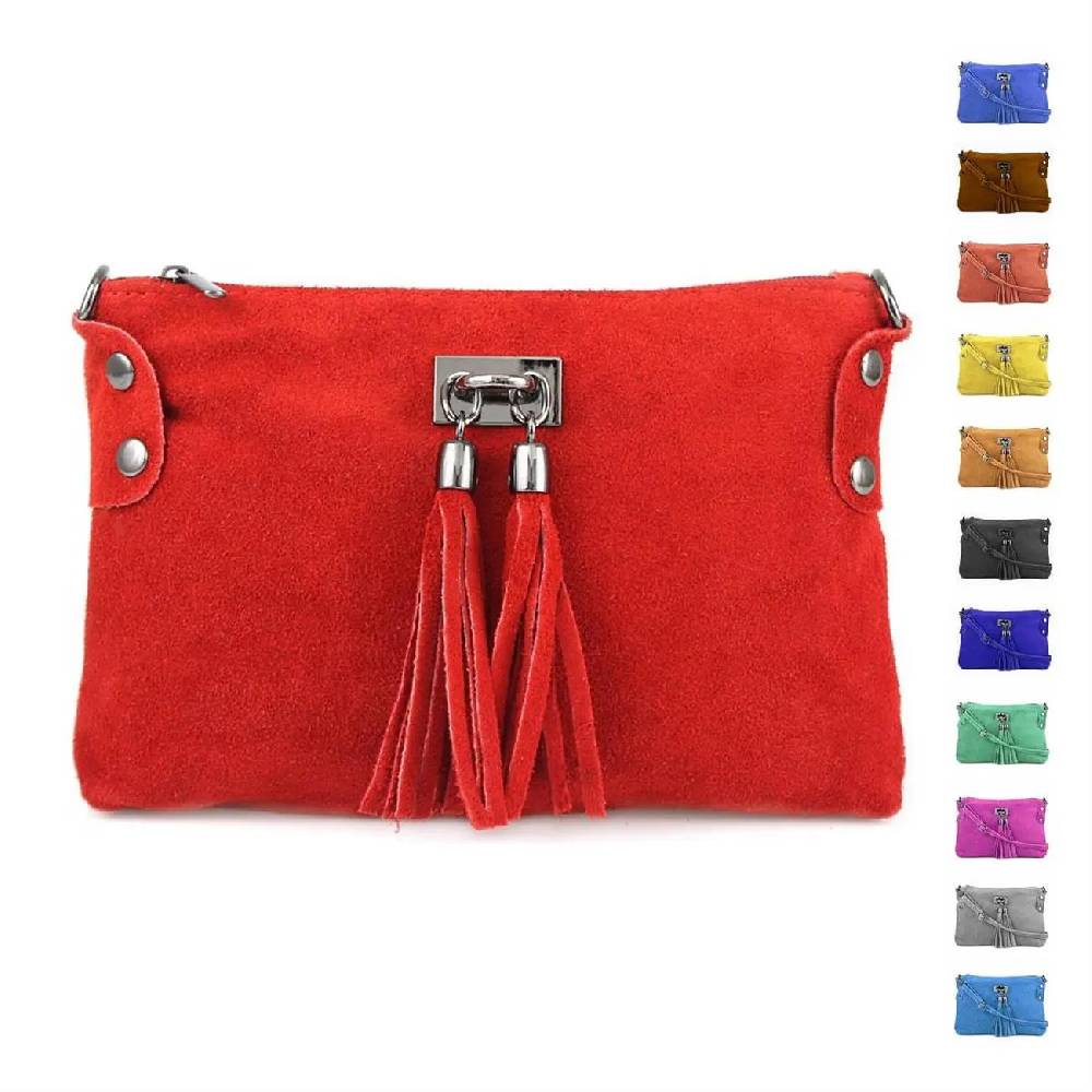 Made in Italy DAMEN LEDER Clutch TASCHE Wildleder Handtasche Umhängetasche Ledertasche Schultertasche Beuteltasche Fransen Cross-Over