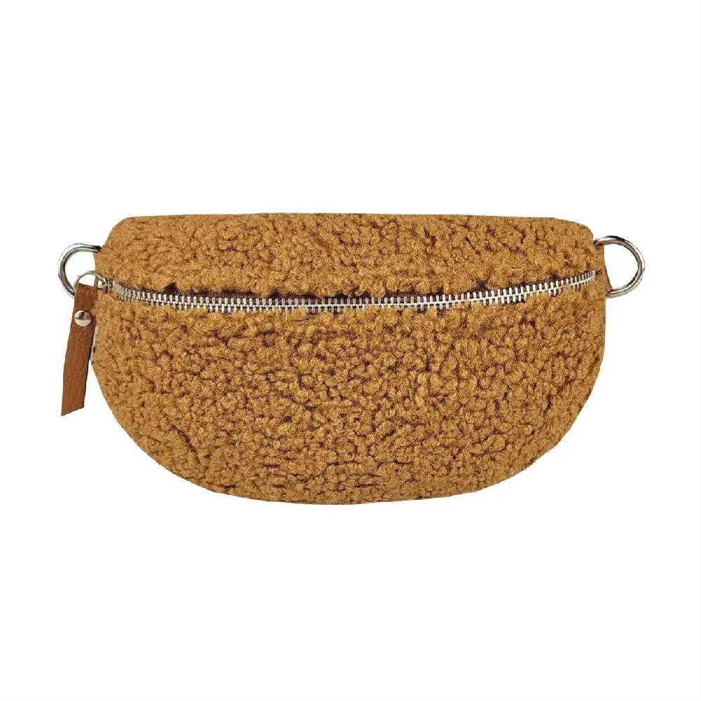 Made In Italy DAMEN LEDER Gürteltasche Crossbody Teddyfell Bauchtasche Hüfttasche Kunstfell Umhängetasche Brusttasche CrossOver Bodybag Schultertasche Teddy Pelz Fell Plüsch