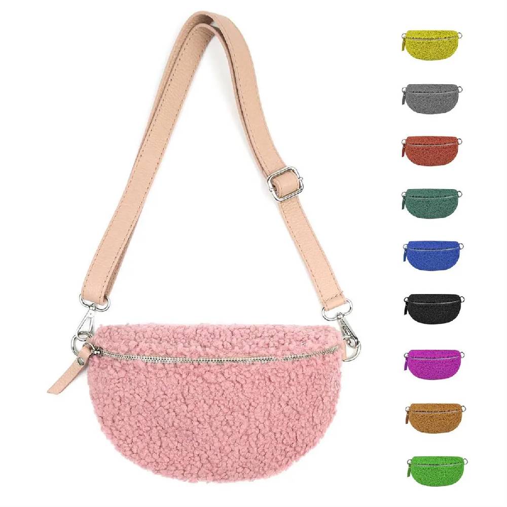 Made in Italy DAMEN LEDER Gürteltasche Crossbody Teddyfell Bauchtasche Hüfttasche Kunstfell Umhängetasche Brusttasche CrossOver Bodybag Schultertasche Teddy Pelz Fell Plüsch
