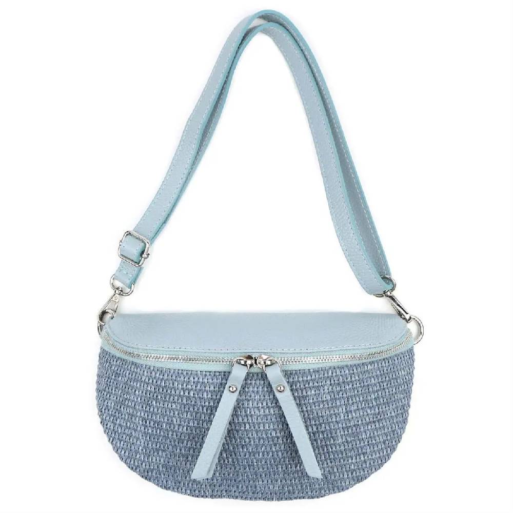 Made In Italy Damen Leder Tasche Basttasche Schultertasche Gürteltasche Sommer Strandtasche Crossbody Bauchtasche Umhängetasche Cross-Over Bodybag Handytasche Geflochten Bast Abendtasche