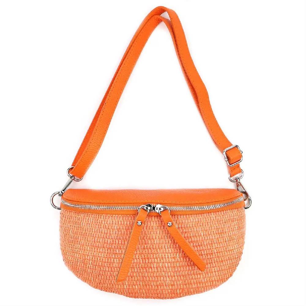Made In Italy Damen Leder Tasche Basttasche Schultertasche Gürteltasche Sommer Strandtasche Crossbody Bauchtasche Umhängetasche Cross-Over Bodybag Handytasche Geflochten Bast Abendtasche
