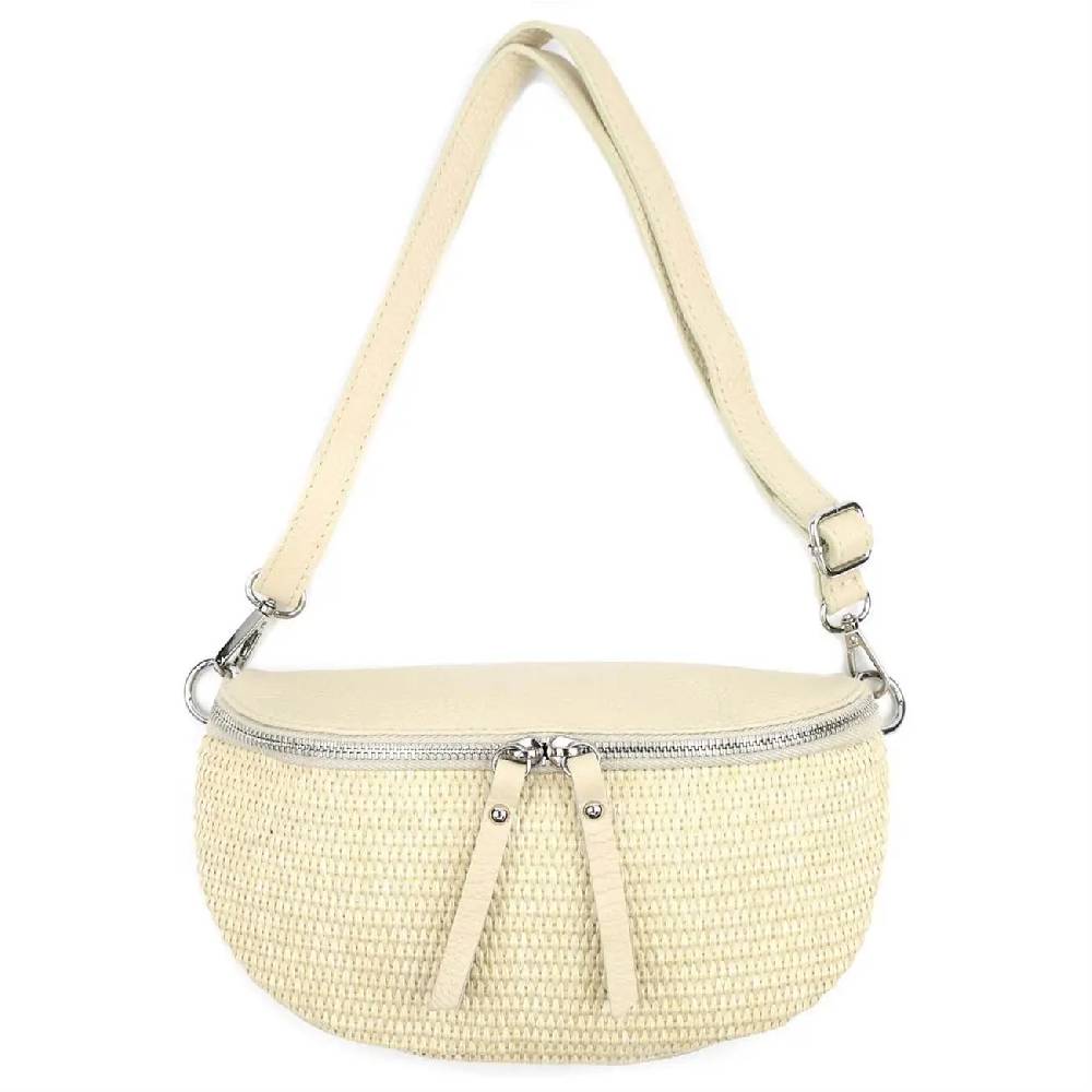 Made In Italy Damen Leder Tasche Basttasche Schultertasche Gürteltasche Sommer Strandtasche Crossbody Bauchtasche Umhängetasche Cross-Over Bodybag Handytasche Geflochten Bast Abendtasche