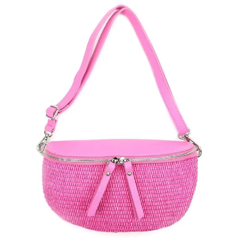 Made In Italy Damen Leder Tasche Basttasche Schultertasche Gürteltasche Sommer Strandtasche Crossbody Bauchtasche Umhängetasche Cross-Over Bodybag Handytasche Geflochten Bast Abendtasche