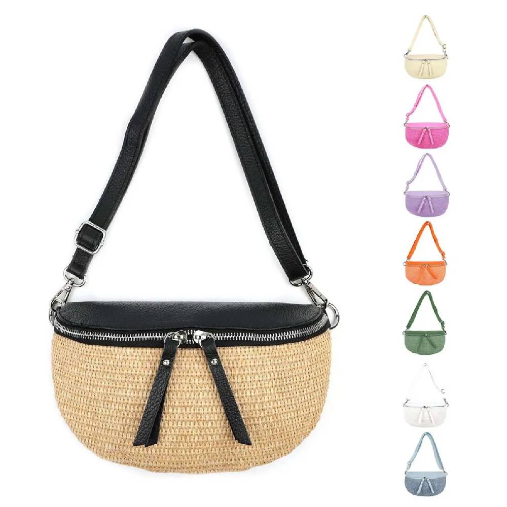 Made in Italy Damen Leder Tasche Basttasche Schultertasche Gürteltasche Sommer Strandtasche Crossbody Bauchtasche Umhängetasche Cross-Over Bodybag Handytasche Geflochten Bast Abendtasche