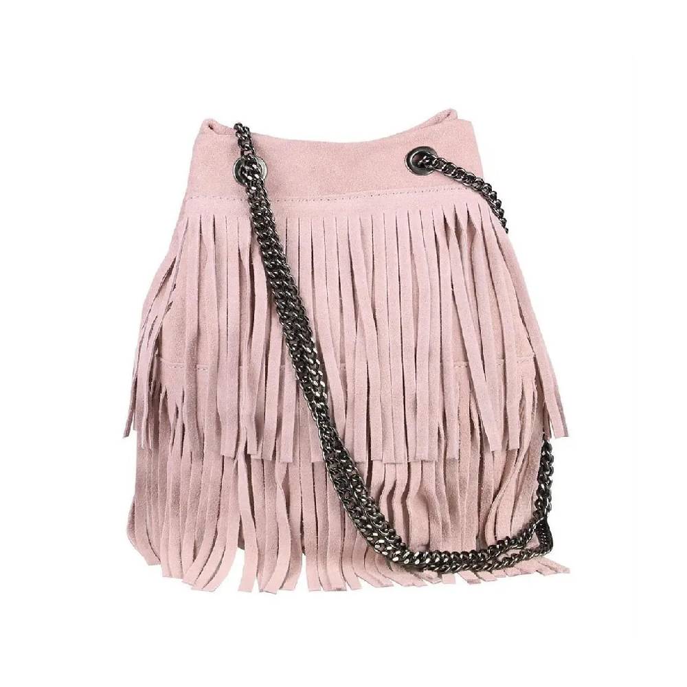 Made In Italy Damen Leder Tasche Fransen Shopper Kettentasche Beutel Wildleder Handtasche Umhängetasche Bucket Bag Schultertasche Ledertasche TR977