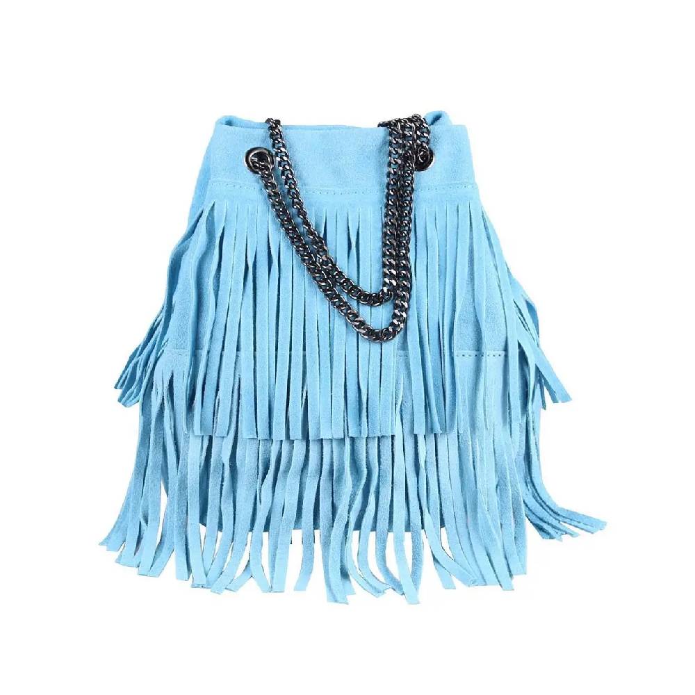 Made In Italy Damen Leder Tasche Fransen Shopper Kettentasche Beutel Wildleder Handtasche Umhängetasche Bucket Bag Schultertasche Ledertasche TR977