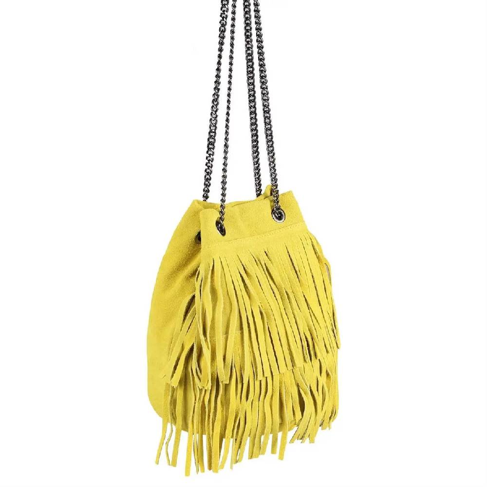 Made In Italy Damen Leder Tasche Fransen Shopper Kettentasche Beutel Wildleder Handtasche Umhängetasche Bucket Bag Schultertasche Ledertasche TR977