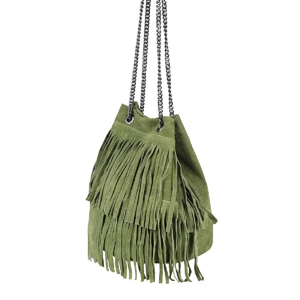 Made In Italy Damen Leder Tasche Fransen Shopper Kettentasche Beutel Wildleder Handtasche Umhängetasche Bucket Bag Schultertasche Ledertasche TR977