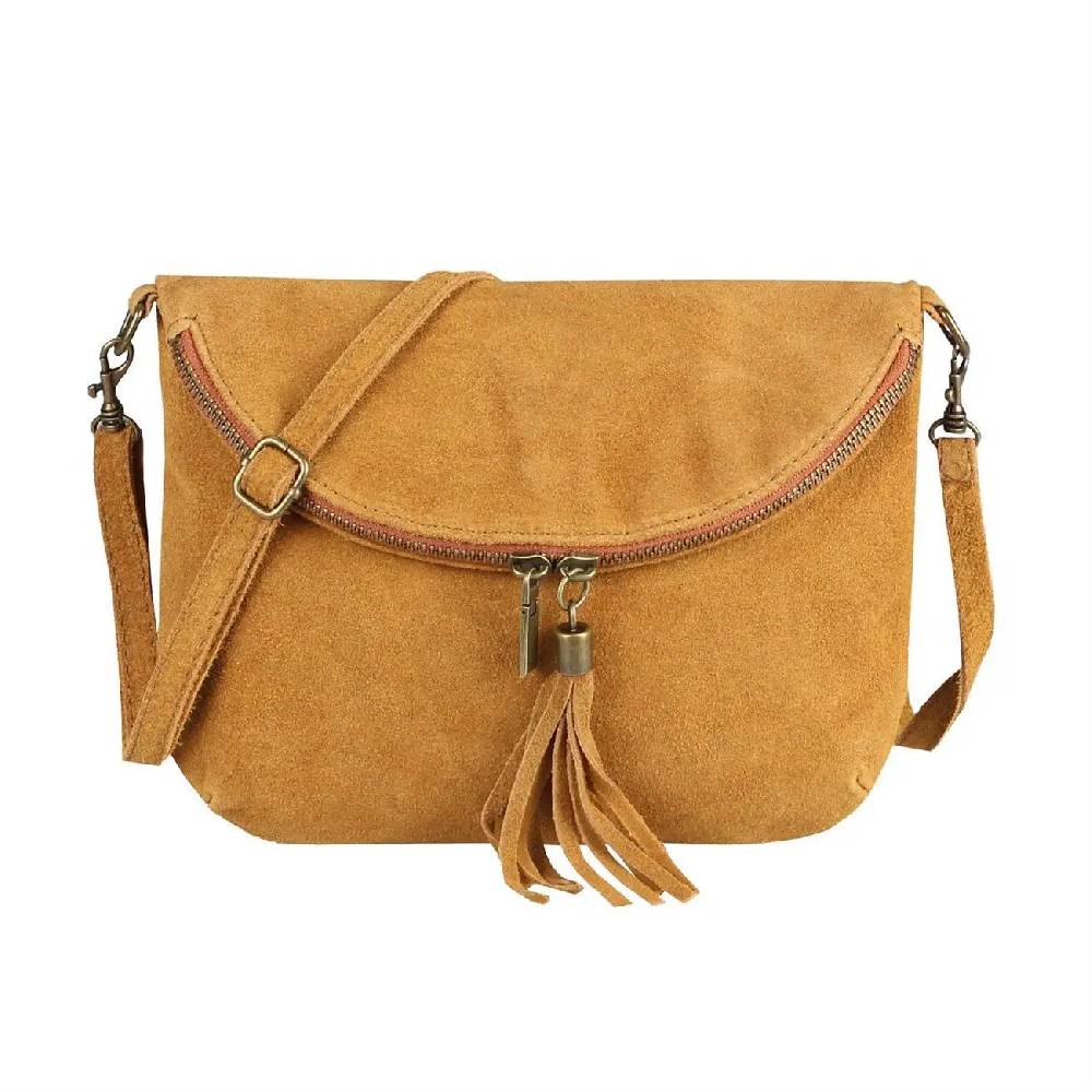 Made In Italy DAMEN LEDER TASCHE Henkeltasche Wildleder Handtasche Umhängetasche Ledertasche Schultertasche Beuteltasche Fransen Cross-Over Clutchtasche