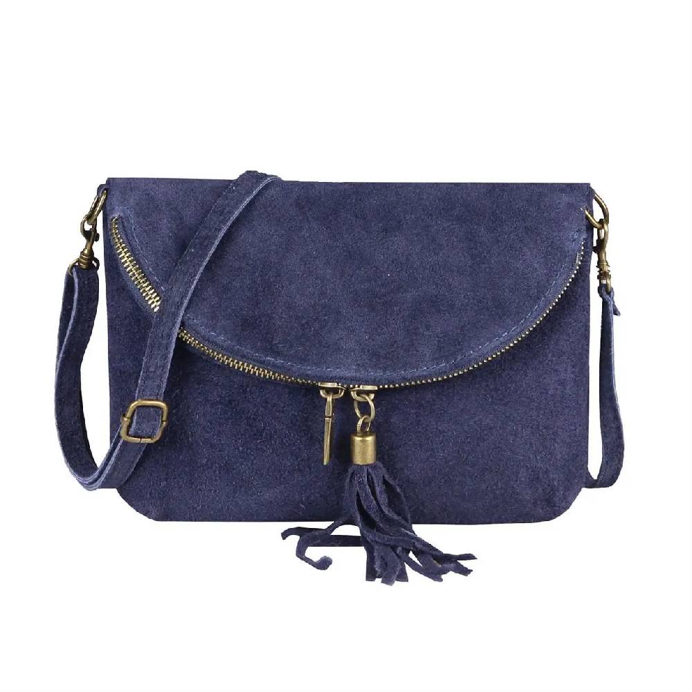 Made In Italy DAMEN LEDER TASCHE Henkeltasche Wildleder Handtasche Umhängetasche Ledertasche Schultertasche Beuteltasche Fransen Cross-Over Clutchtasche
