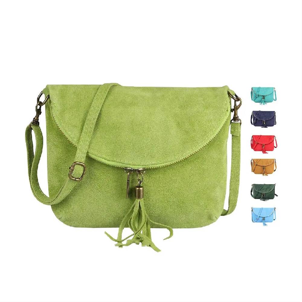 Made in Italy DAMEN LEDER TASCHE Henkeltasche Wildleder Handtasche Umhängetasche Ledertasche Schultertasche Beuteltasche Fransen Cross-Over Clutchtasche