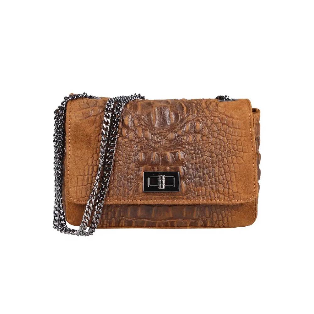 Made In Italy Damen Leder Tasche Kroko-Prägung Kette Henkeltasche Clutch Wildleder Handtasche Ledertasche Schultertasche