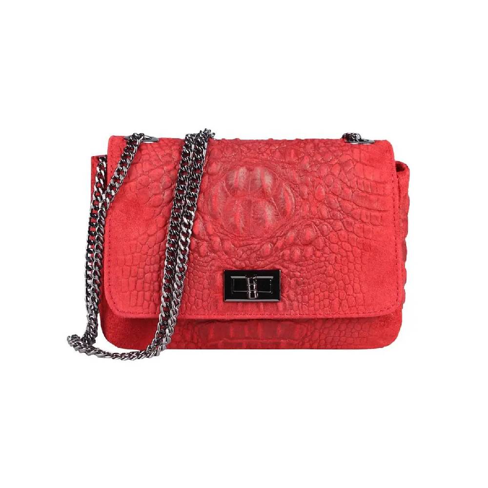 Made In Italy Damen Leder Tasche Kroko-Prägung Kette Henkeltasche Clutch Wildleder Handtasche Ledertasche Schultertasche