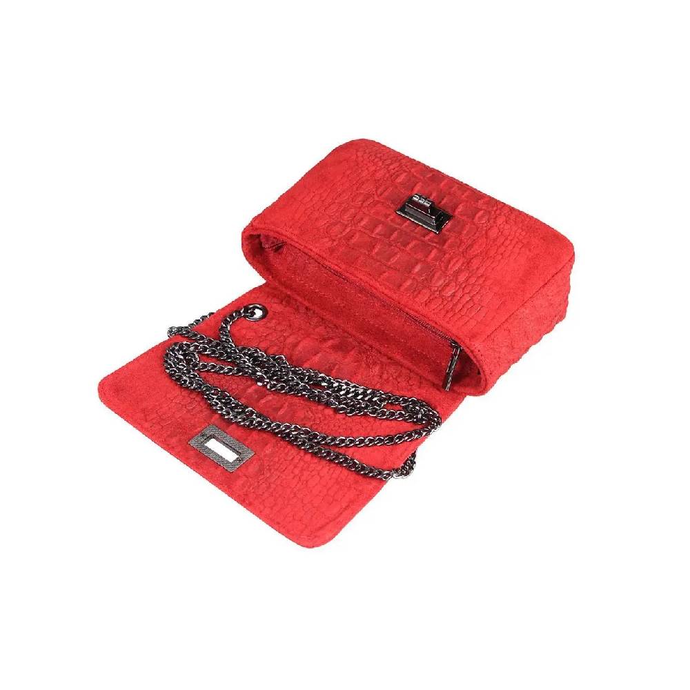 Made In Italy Damen Leder Tasche Kroko-Prägung Kette Henkeltasche Clutch Wildleder Handtasche Ledertasche Schultertasche