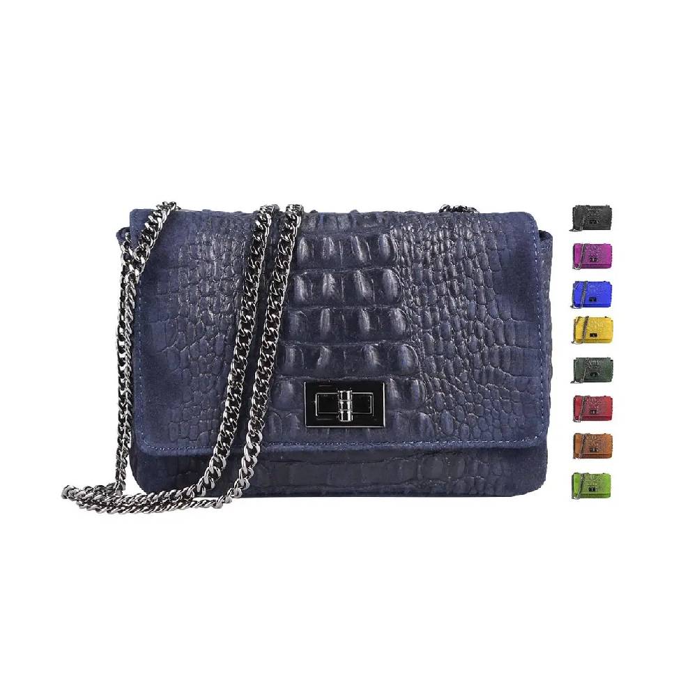 Made in Italy Damen Leder Tasche Kroko-Prägung Kette Henkeltasche Clutch Wildleder Handtasche Ledertasche Schultertasche