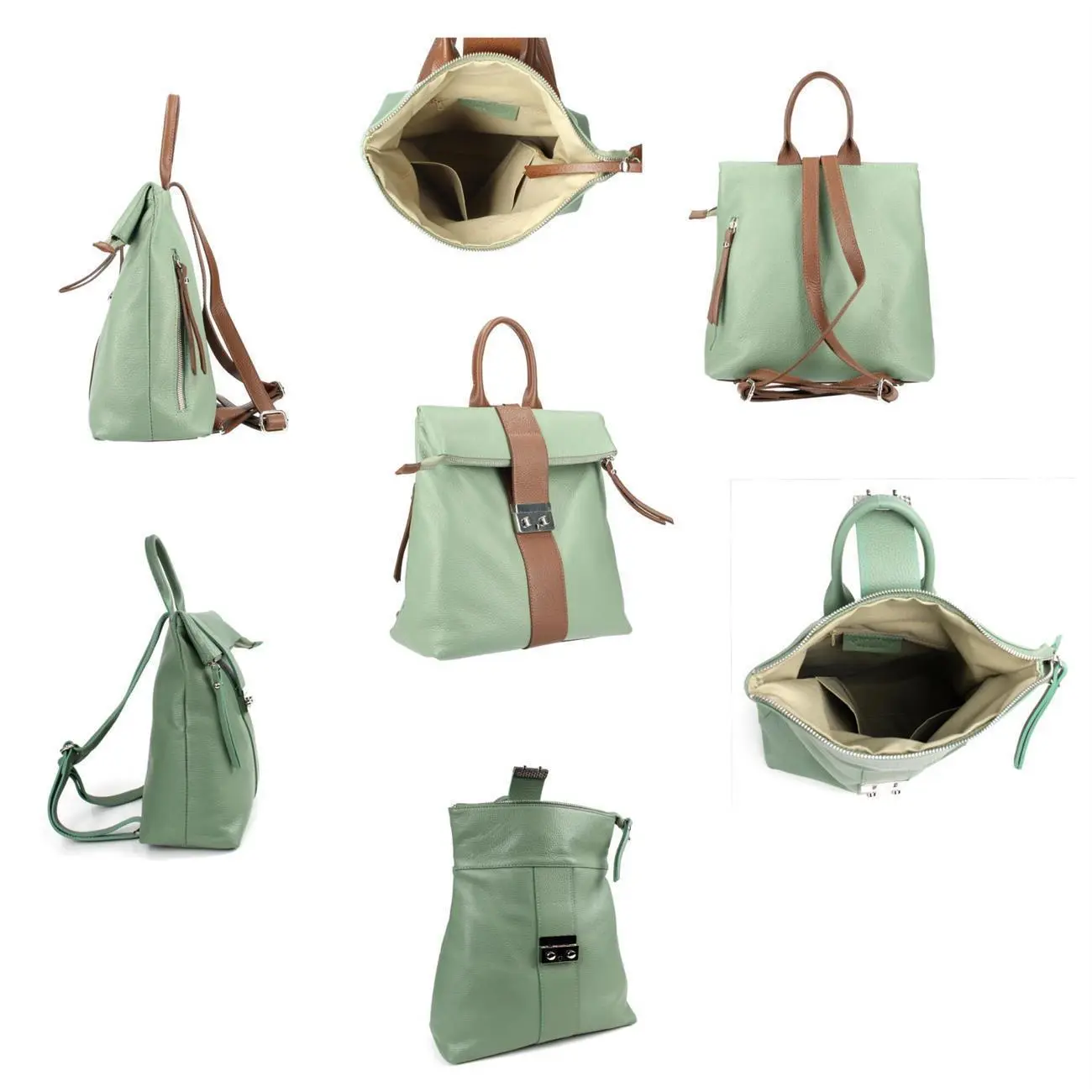 Made In Italy XL Damen Leder Roll Top Rucksack Cityrucksack Shopper Handtasche Schultertasche Ledertasche Freizeitrucksack Tasche