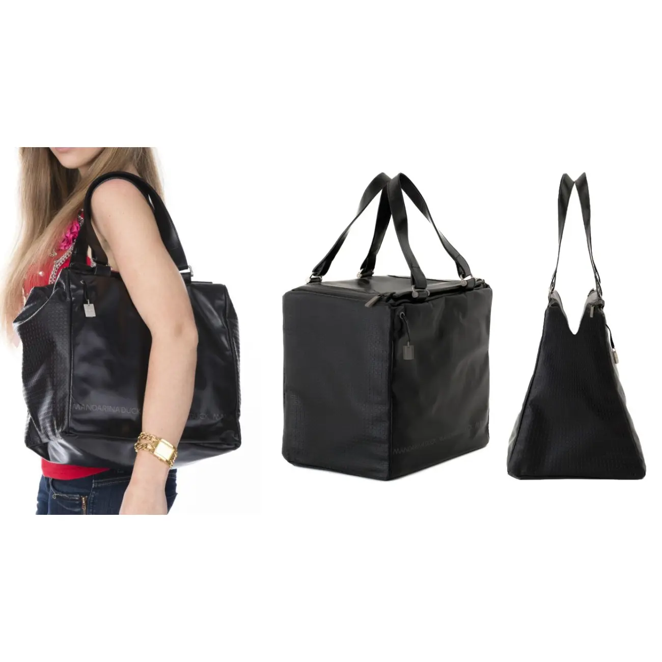 Mandarina Duck Desire Pelle Pferdeleder Koffer Handtasche Sporttasche Henkeltasche Reisetasche Tasche Bag Schwarz 30x29x22 Cm (BxHxT)