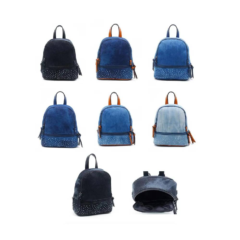 OBC DAMEN MÄDCHEN JEANS RUCKSACK BACKPACK Strasssteine Glitzer Denim Baumwolle Cityrucksack Stadtrucksack Schultertasche Handtasche