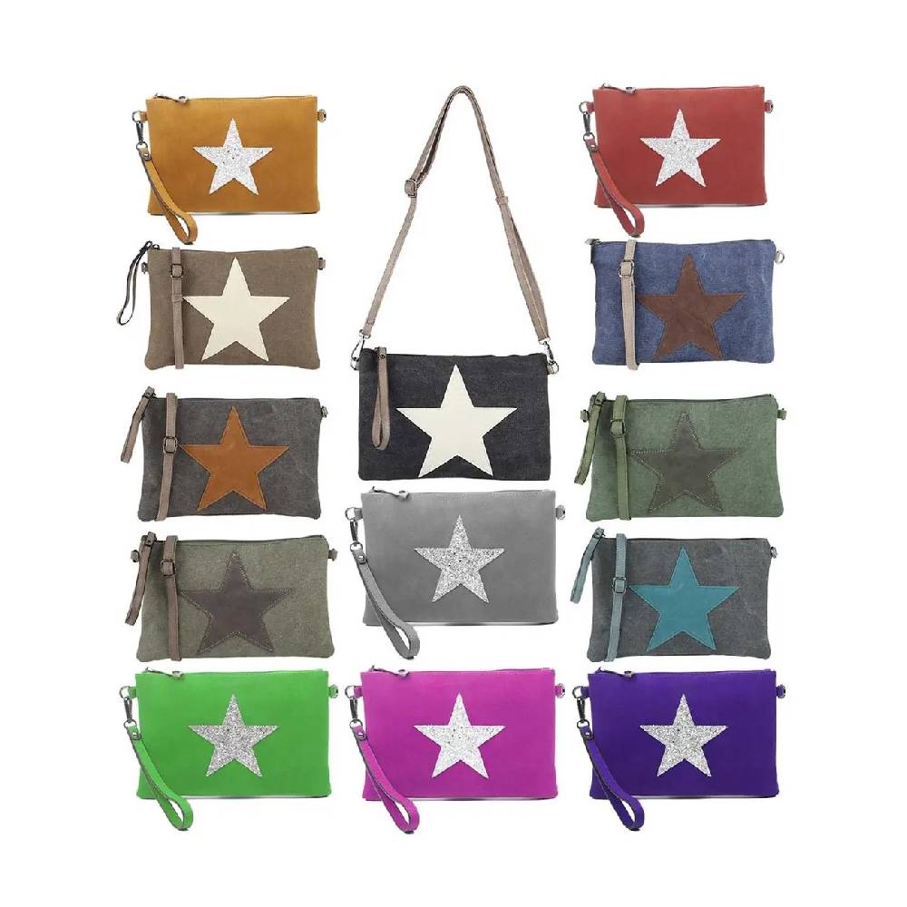OBC Damen Stern Clutch Tasche Canvas Leder Strass Schultertasche Umhängetasche