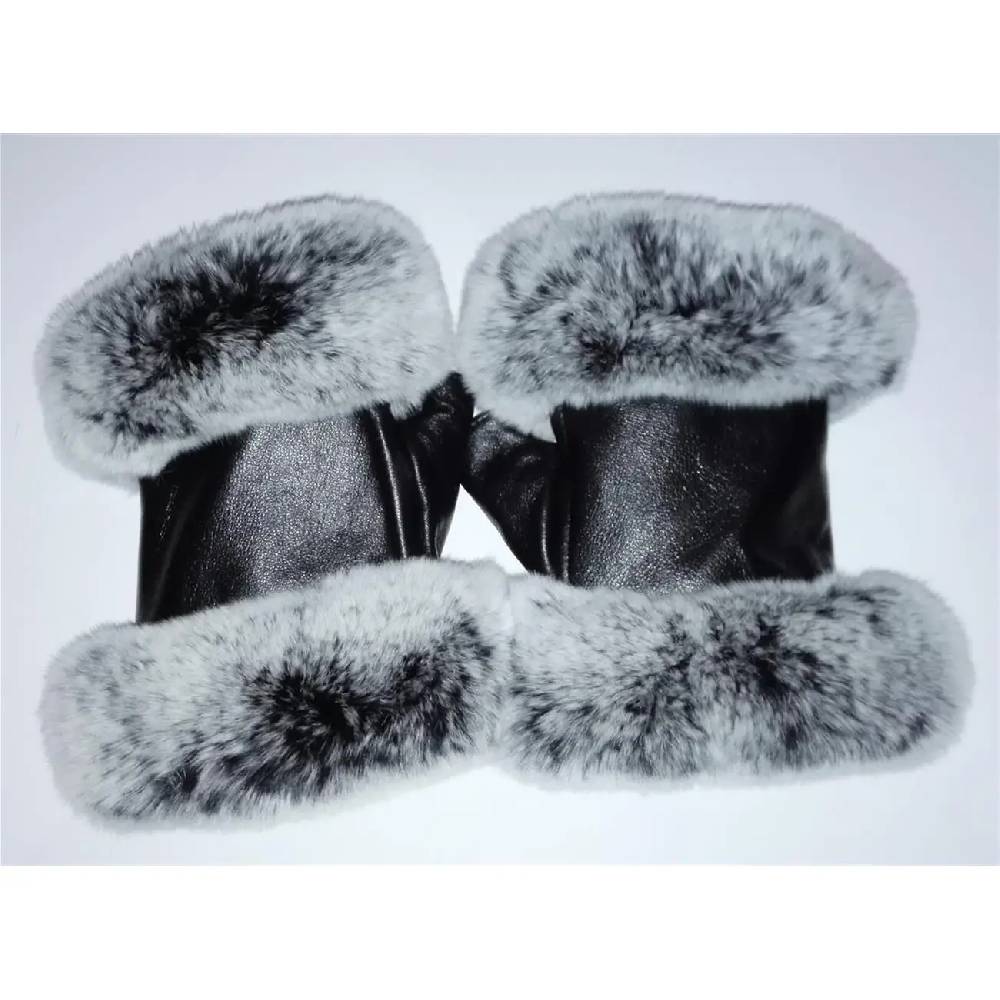 OBC DAMEN Warme Handschuhe Echt LEDER Echt FELL Kaninfell Kaninchen Winter & Herbst Winterhandschuhe Flauschig Schwarz Weiß Grau XL