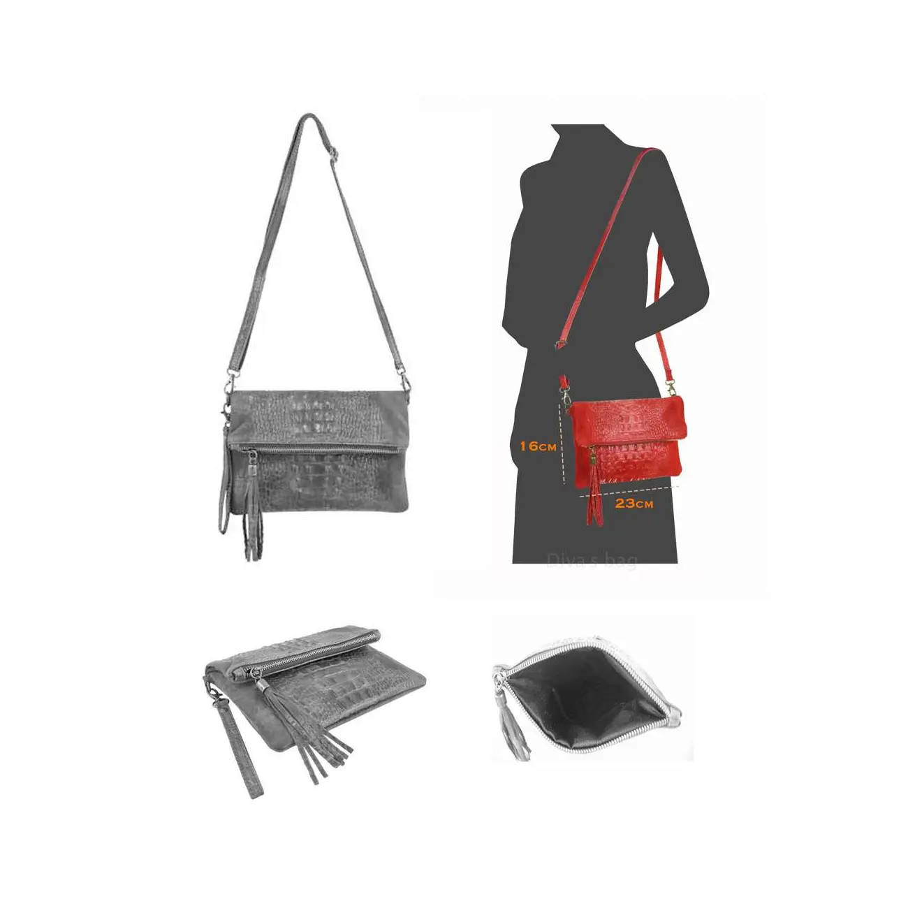 OBC Made In Italy DAMEN Echt LEDER Clutch TASCHE Kroko Wildleder Handtasche Umhängetasche Ledertasche Schultertasche Fransen Cross-Over