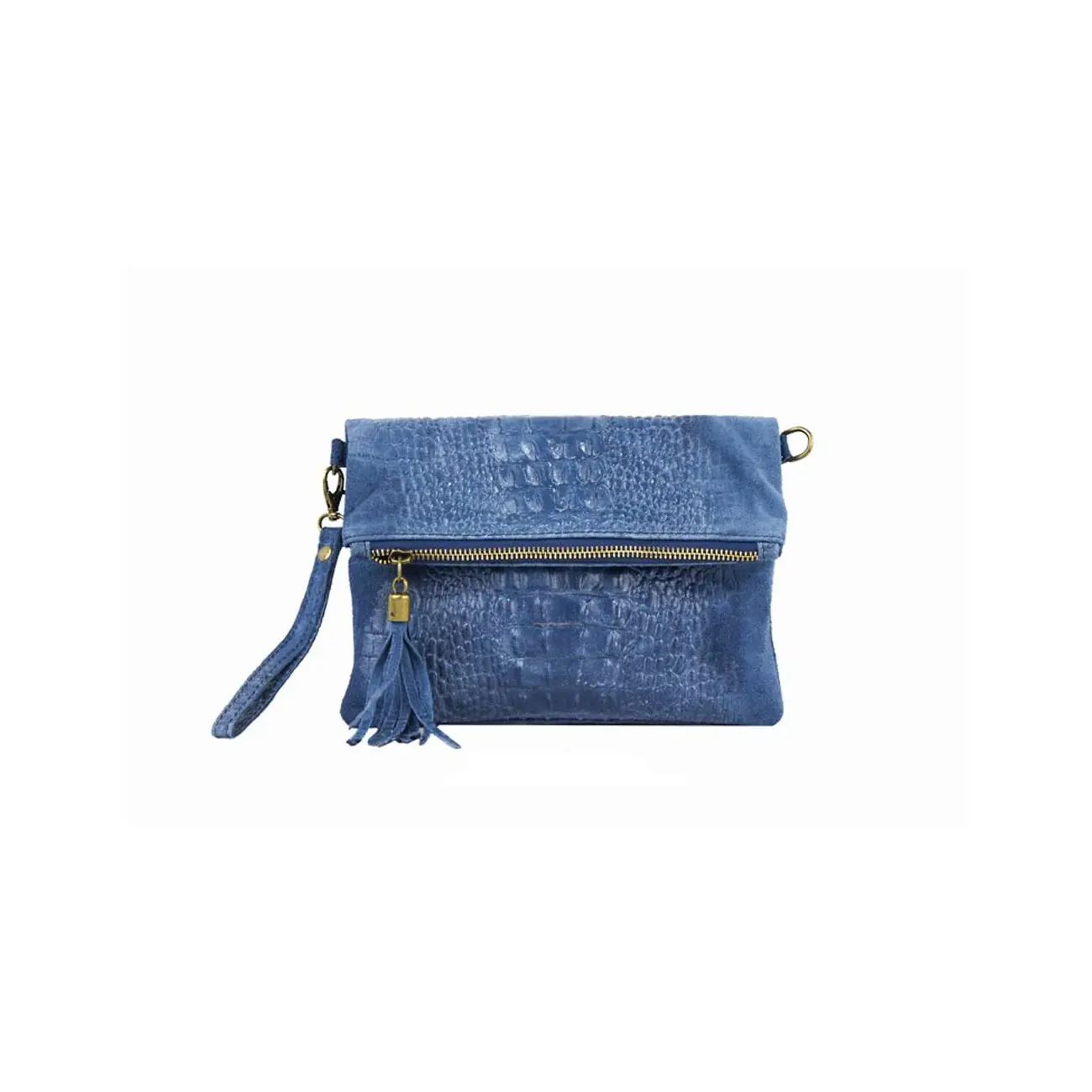 OBC Made In Italy DAMEN Echt LEDER Clutch TASCHE Kroko Wildleder Handtasche Umhängetasche Ledertasche Schultertasche Fransen Cross-Over