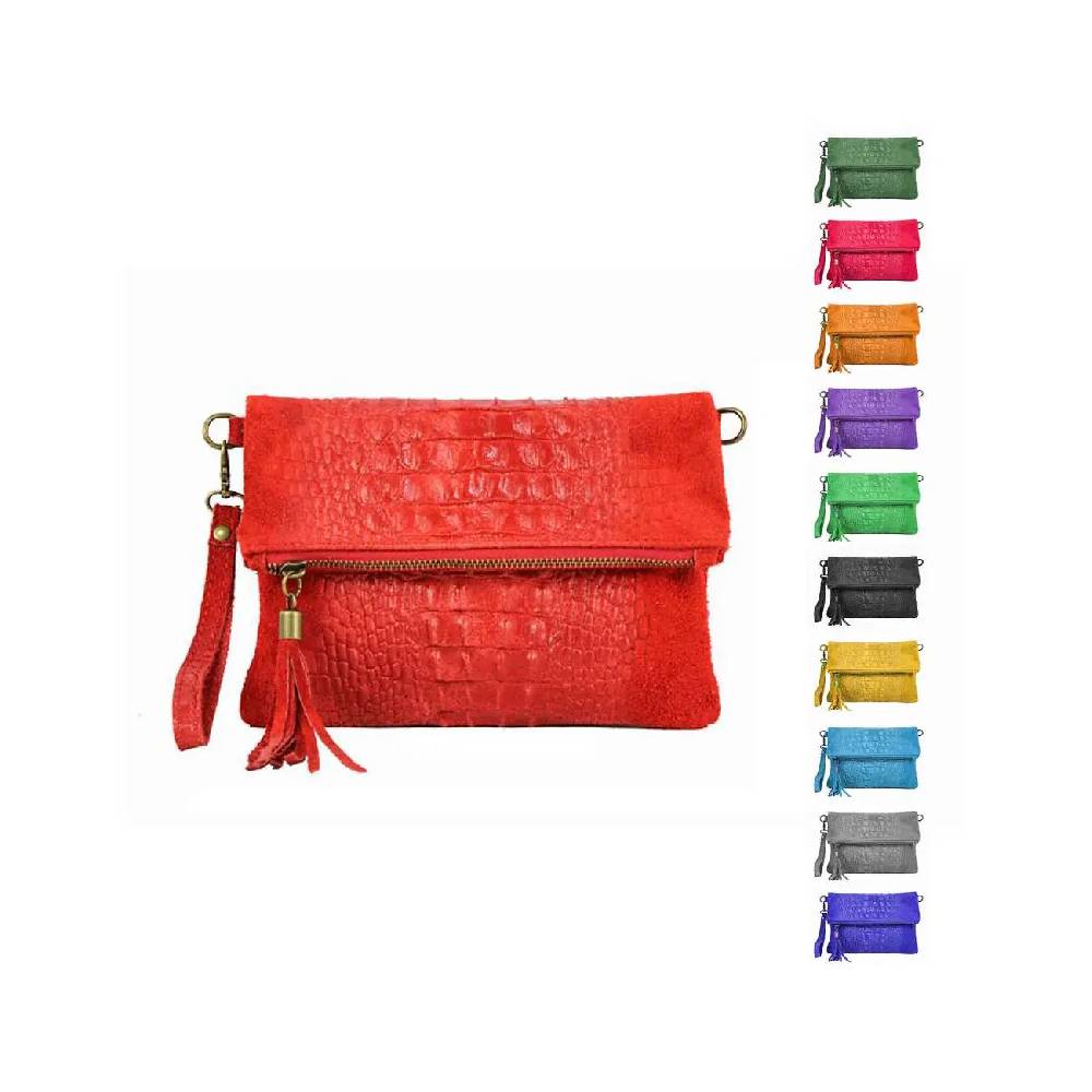 OBC Made in Italy DAMEN echt LEDER Clutch TASCHE Kroko Wildleder Handtasche Umhängetasche Ledertasche Schultertasche Fransen Cross-Over