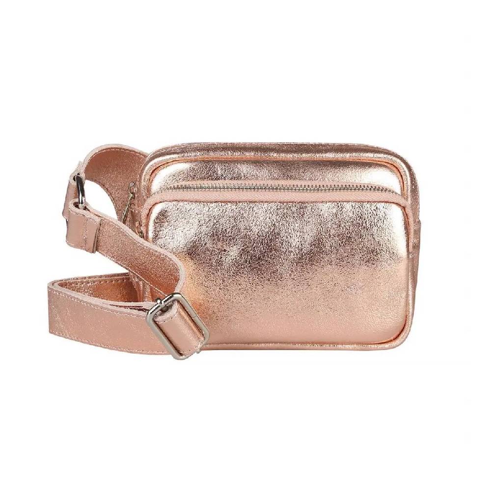 OBC Made In Italy Damen Leder Tasche Crossbody Metallic Hüfttasche Bauchtasche Umhängetasche Bodybag Schultertasche Handytasche Gürteltasche