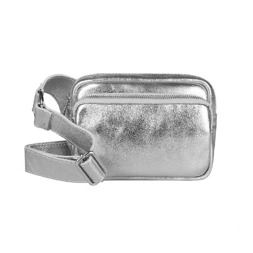 OBC Made In Italy Damen Leder Tasche Crossbody Metallic Hüfttasche Bauchtasche Umhängetasche Bodybag Schultertasche Handytasche Gürteltasche