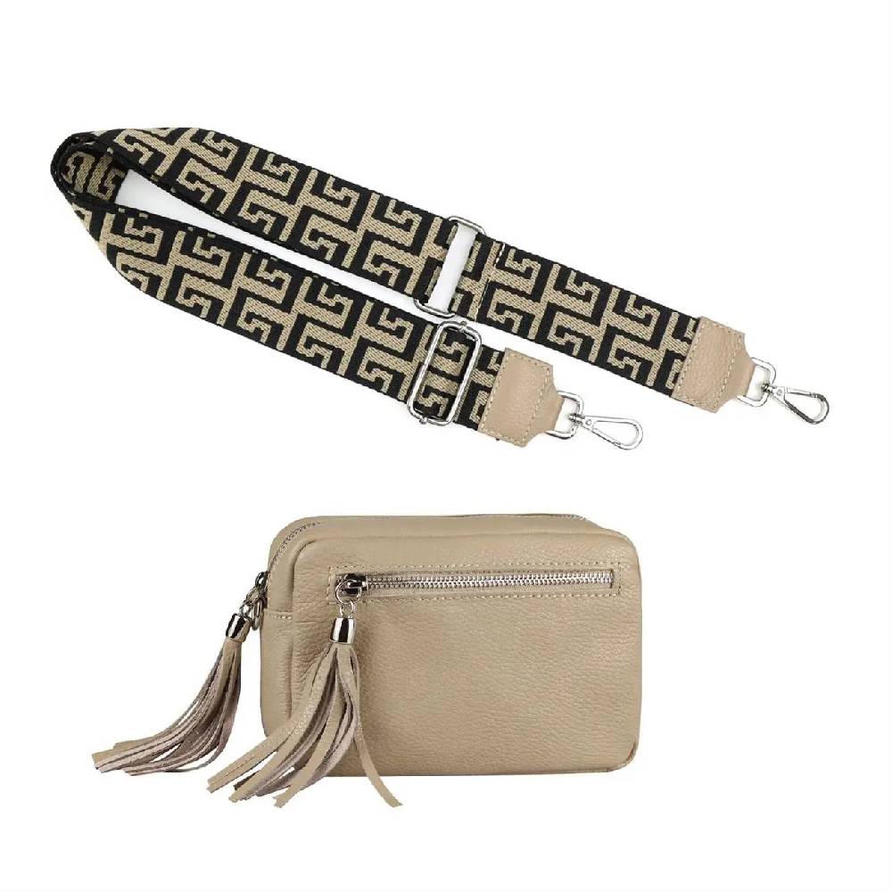 OBC Made In Italy DAMEN LEDER TASCHE Mit Extra Breitem Zusatz Tragegurt Umhängetasche Schultertasche Beuteltasche Cross-Over Cross Bag Glattleder Schmucktasche Fransen Ledertasche