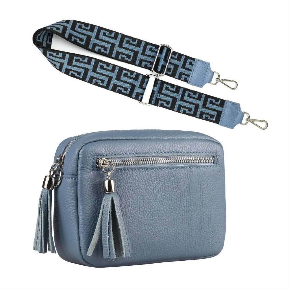 OBC Made In Italy DAMEN LEDER TASCHE Mit Extra Breitem Zusatz Tragegurt Umhängetasche Schultertasche Beuteltasche Cross-Over Cross Bag Glattleder Schmucktasche Fransen Ledertasche