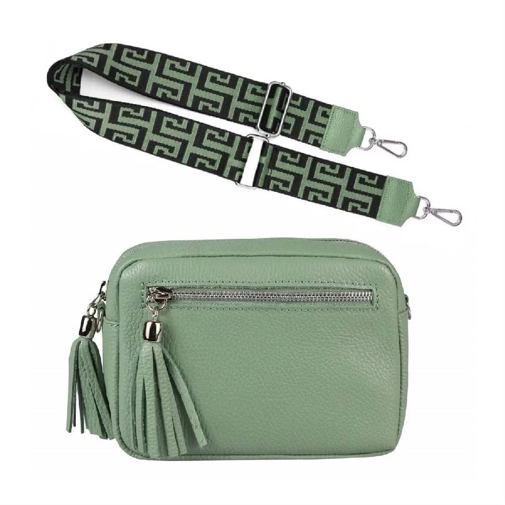 OBC Made In Italy DAMEN LEDER TASCHE Mit Extra Breitem Zusatz Tragegurt Umhängetasche Schultertasche Beuteltasche Cross-Over Cross Bag Glattleder Schmucktasche Fransen Ledertasche