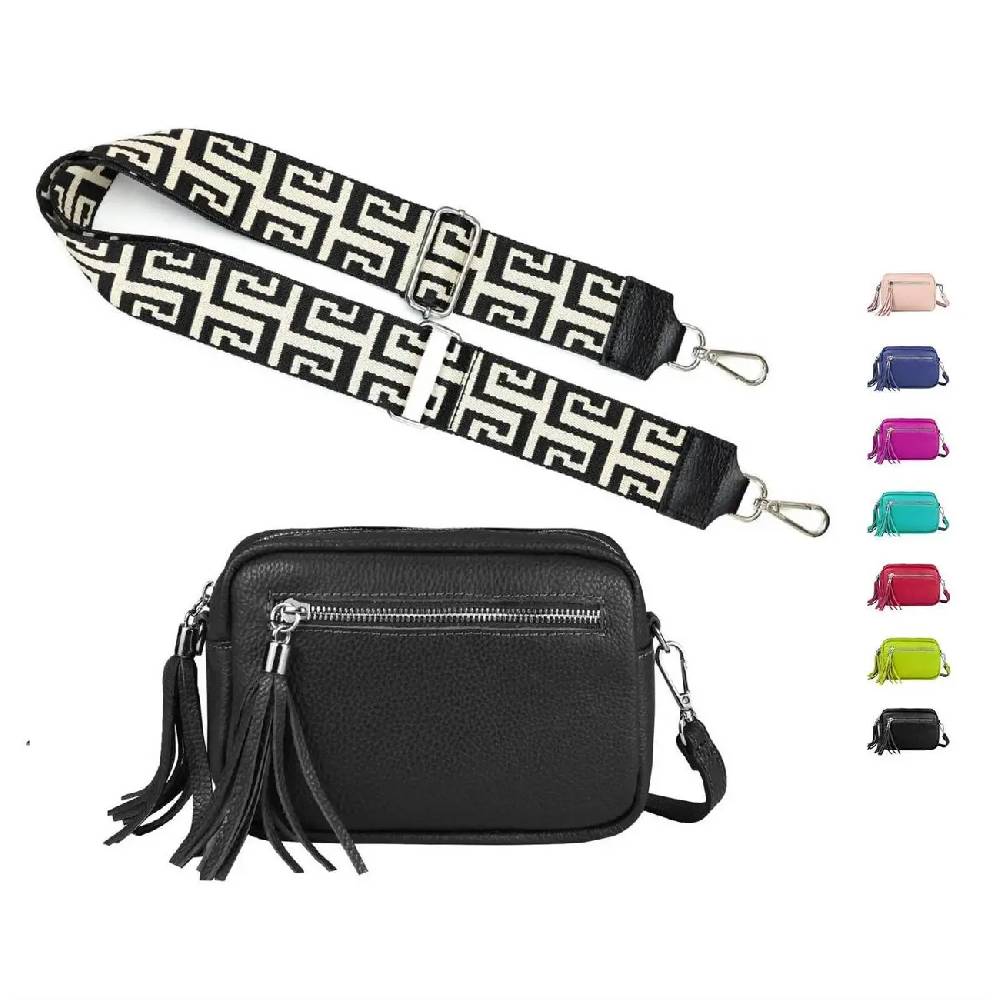 OBC Made in Italy DAMEN LEDER TASCHE mit extra breitem Zusatz Tragegurt Umhängetasche Schultertasche Beuteltasche Cross-Over Cross Bag Glattleder Schmucktasche Fransen Ledertasche