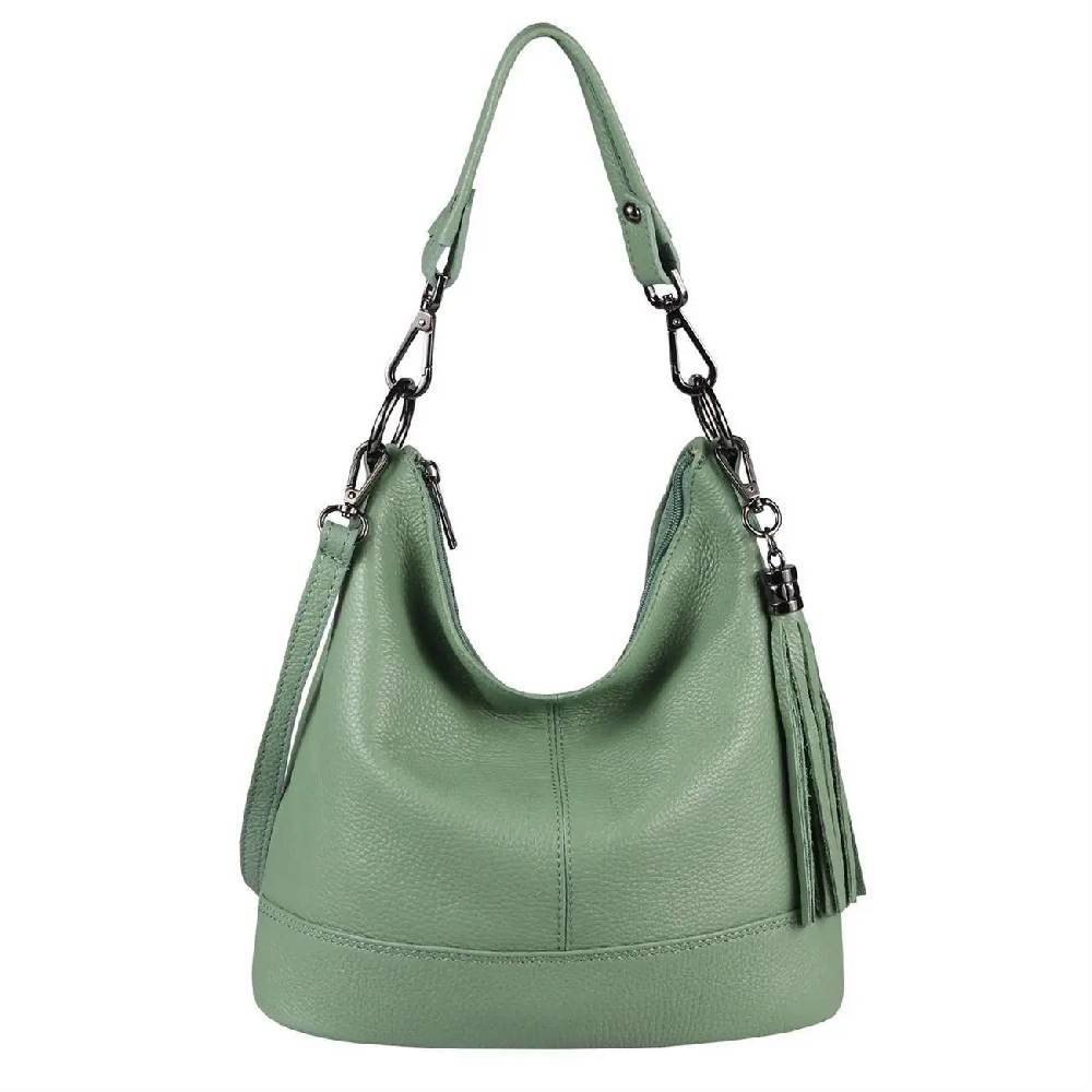 OBC Made In Italy Damen Leder Tasche Umhängetasche Shopper Schultertasche Handtasche Crossbody Hobo Bag Crossover Ledertasche Damentasche Fransen