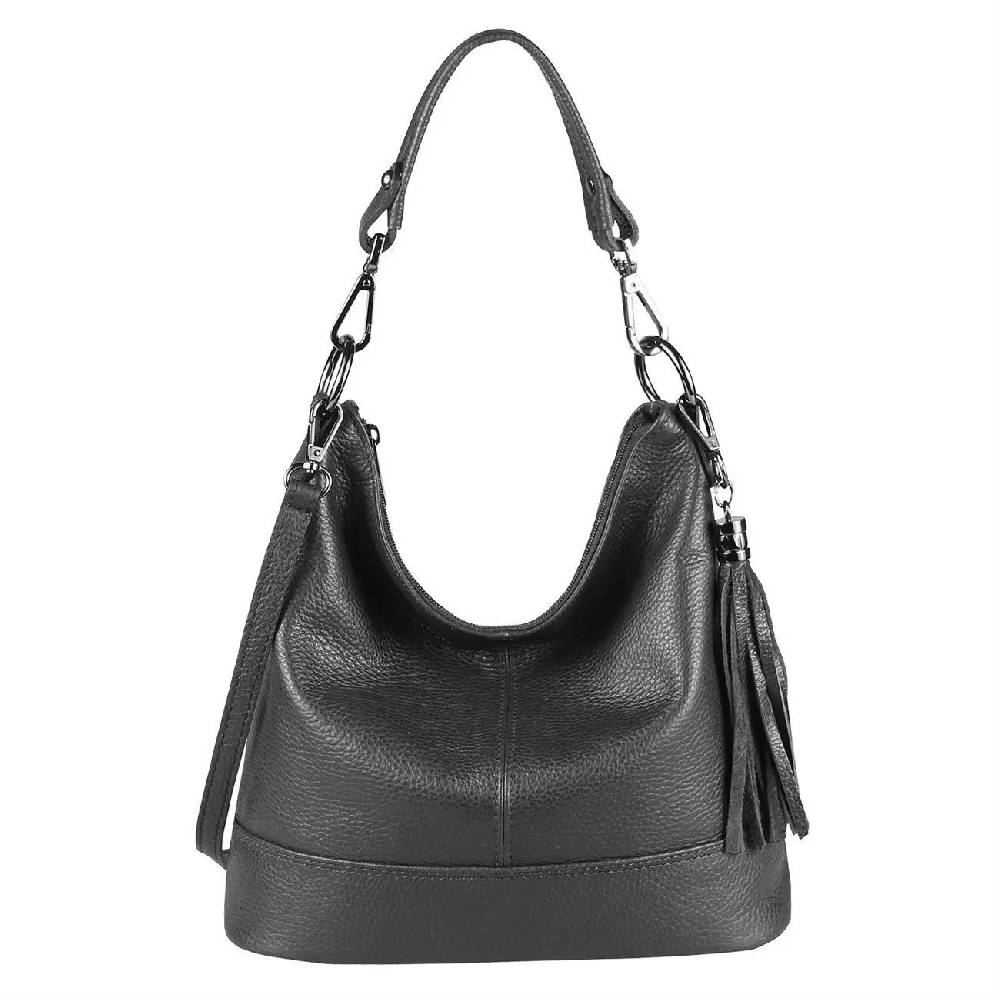 OBC Made In Italy Damen Leder Tasche Umhängetasche Shopper Schultertasche Handtasche Crossbody Hobo Bag Crossover Ledertasche Damentasche Fransen