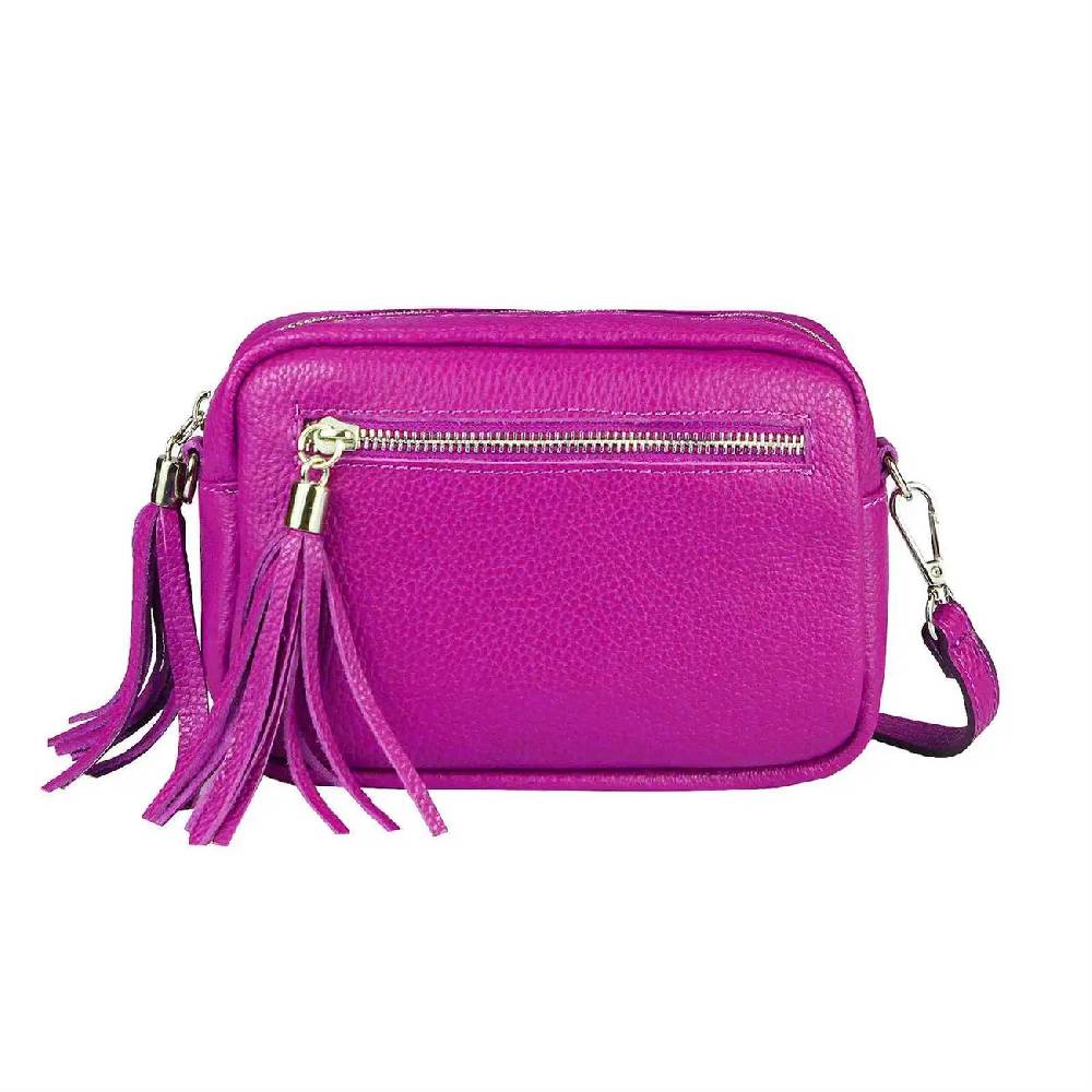 OBC Made In Italy DAMEN LEDER TASCHE Umhängetasche Schultertasche Beuteltasche Cross-Over Cross Bag Glattleder Schmucktasche Fransen Ledertasche