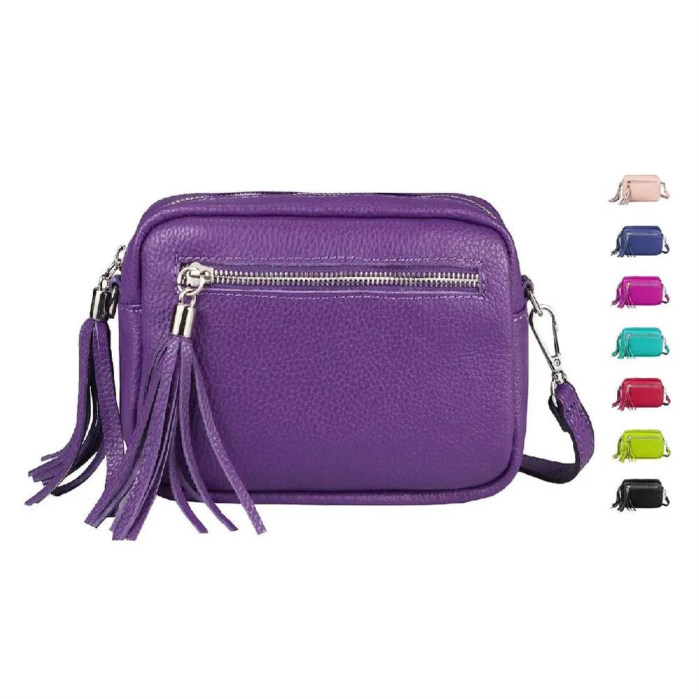 OBC Made in Italy DAMEN LEDER TASCHE Umhängetasche Schultertasche Beuteltasche Cross-Over Cross Bag Glattleder Schmucktasche Fransen Ledertasche