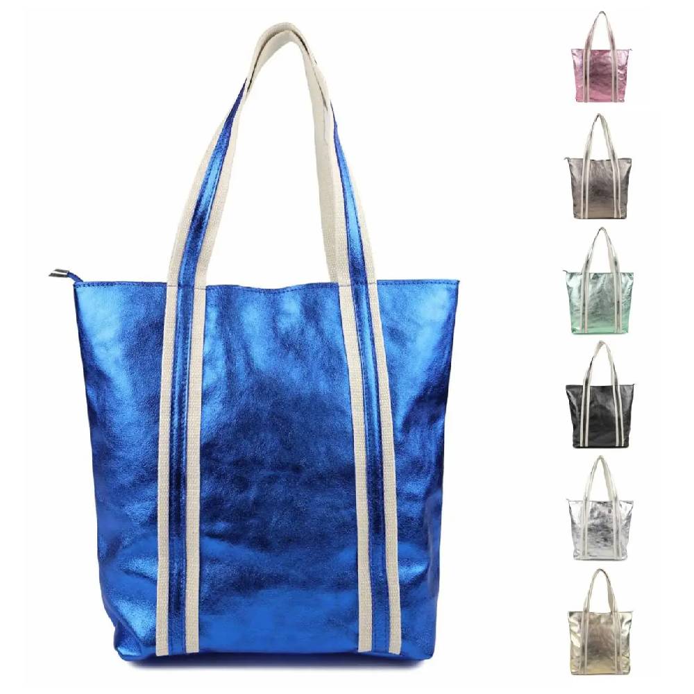 OBC Made in Italy DAMEN METALLIC ECHT LEDER HAND-TASCHE Shopper Schultertasche Tote Bag Umhängetasche Ledertasche Din-A4 Handtasche Beuteltasche
